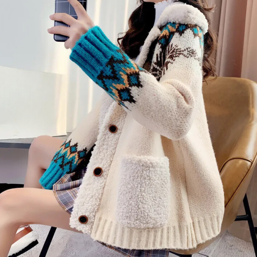 Dame Strikket Cardigan – Varm Vestjakke med Mønster & Lomme Detaljer