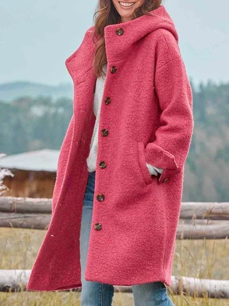 Warm long coat with button closure and hood