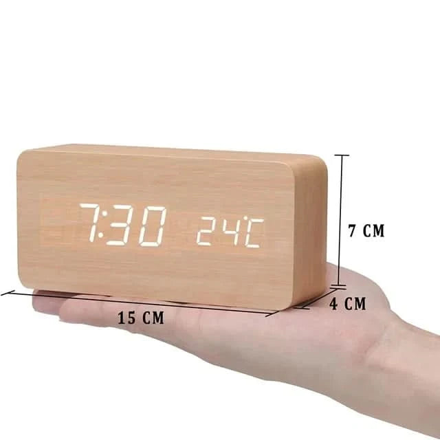 Digital Wood LED Alarm Clock – Modern Design with Temperature Display