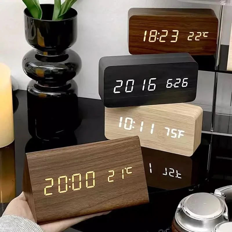 Digital Wood LED Alarm Clock – Modern Design with Temperature Display