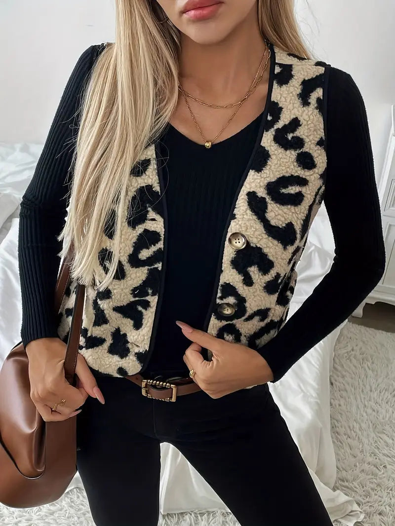 Elegant Damevest med Leopardprint og V-Hals