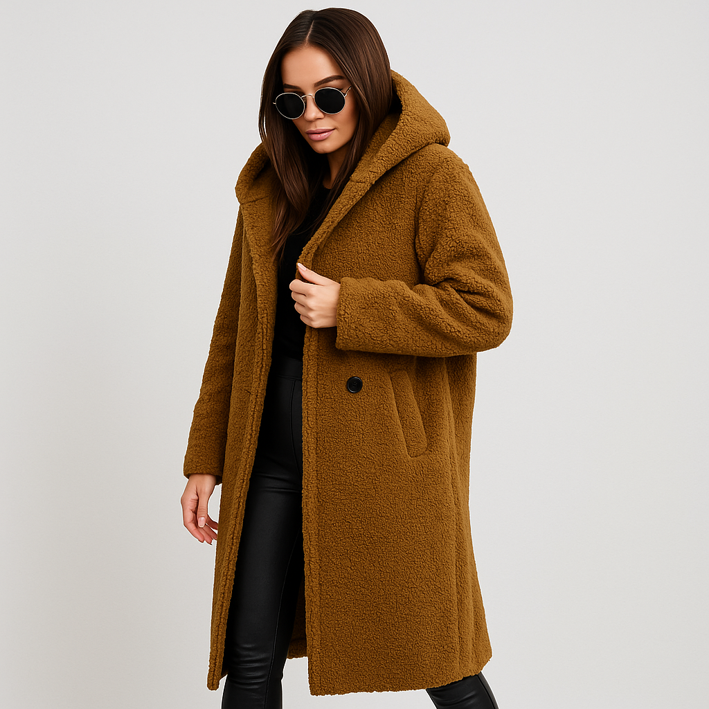 Dame Lang Vinterjakke med Hætte – Varm, Blød & Stilfuld