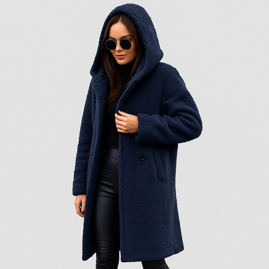 Dame Lang Vinterjakke med Hætte – Varm, Blød & Stilfuld