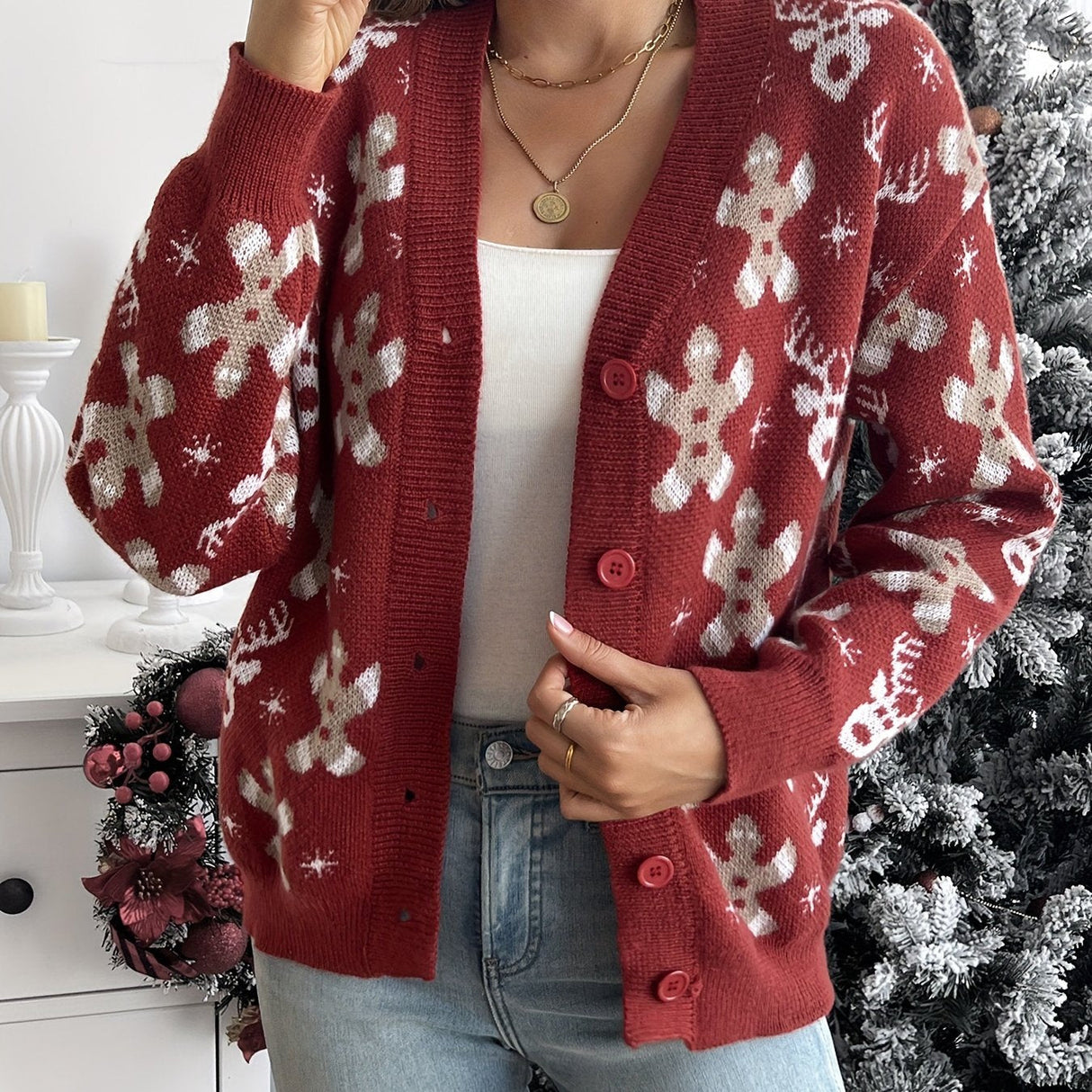 Julecardigan med Snefnug – Varm Dame Vintervest