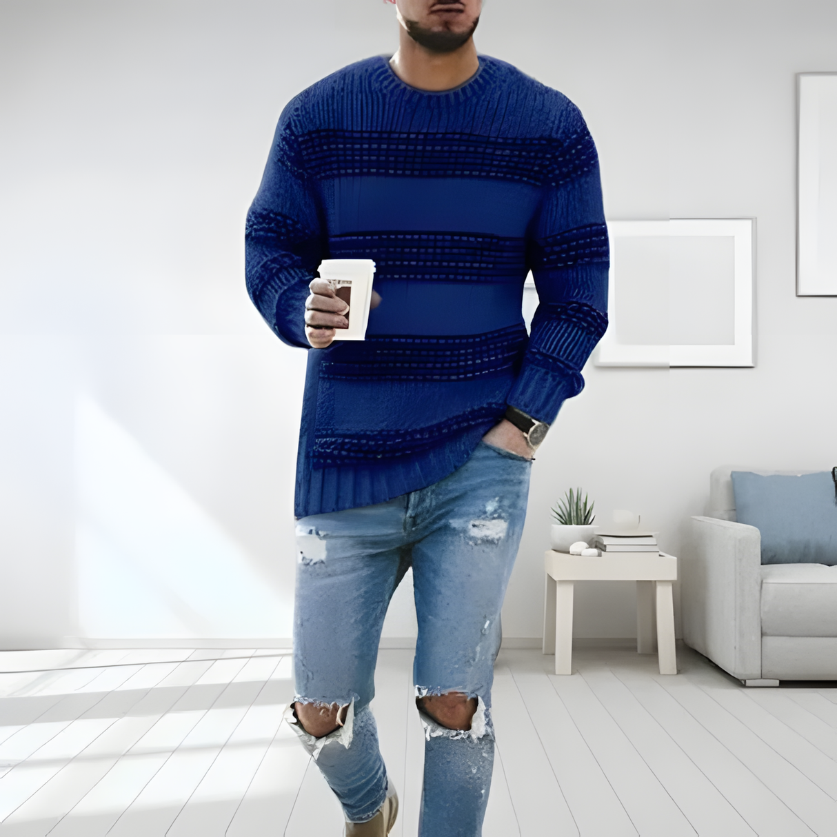Herre Strikket Trøje med Striber – Komfortabel Casual Sweater