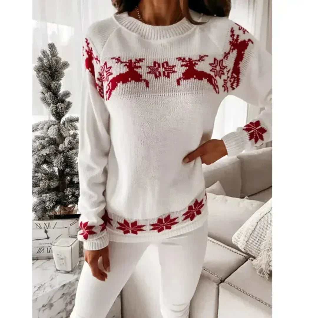 Women's Christmas Sweater – Elegant Winter Sweater with Reindeer & Snowflakes