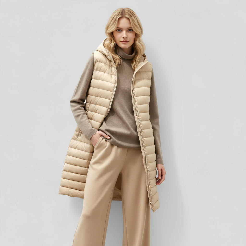 Lang vatteret damevest – stilfuldt ærmeløst vinterdesign