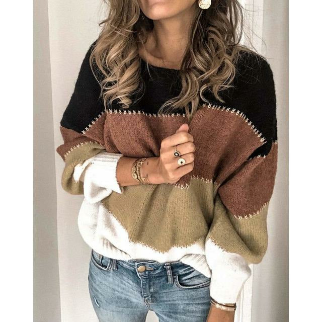 Women's blouse with color blocks – Soft knitted winter blouse with loose fit