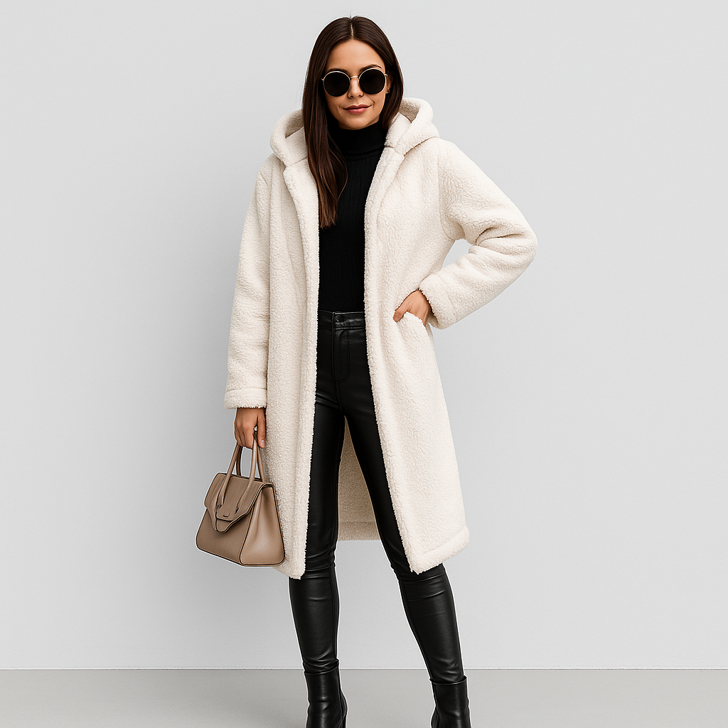 Dame Lang Vinterjakke med Hætte – Varm, Blød & Stilfuld