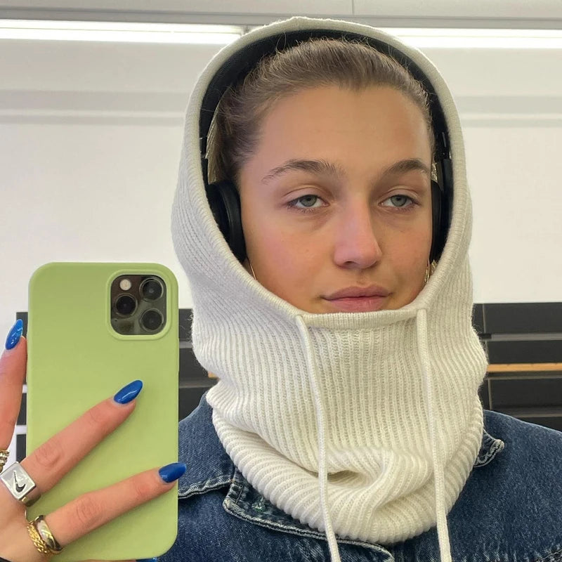 Ladies Knitted Hooded Scarf – Warm Shawl with Hood for Winter