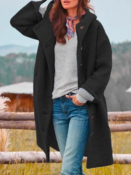 Warm long coat with button closure and hood