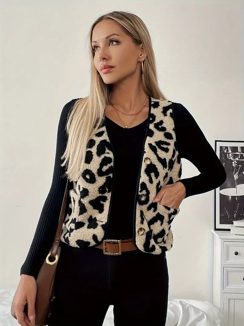 Elegant Damevest med Leopardprint og V-Hals