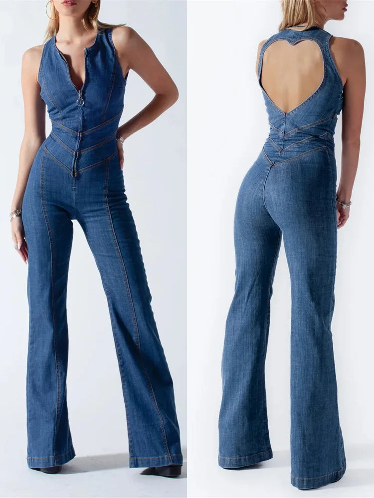 Rygløs Hjerteformet Denim Jumpsuit til Kvinder
