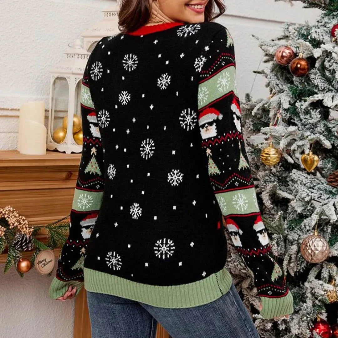 Ladies Christmas Sweater – Fun Winter Sweater with Dog & Christmas Tree Print