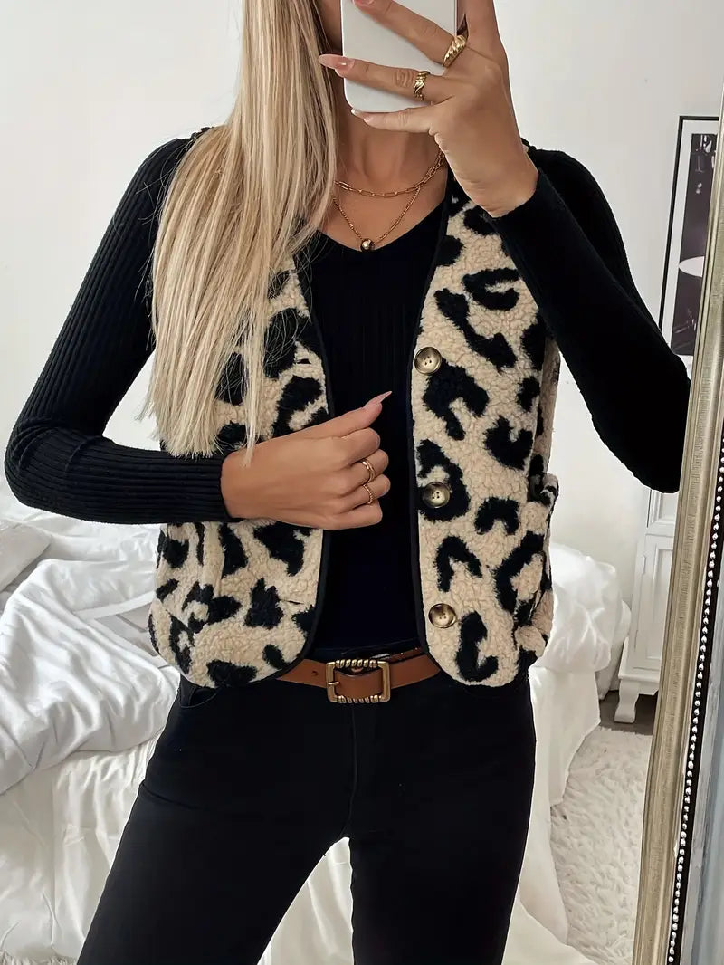 Elegant Damevest med Leopardprint og V-Hals