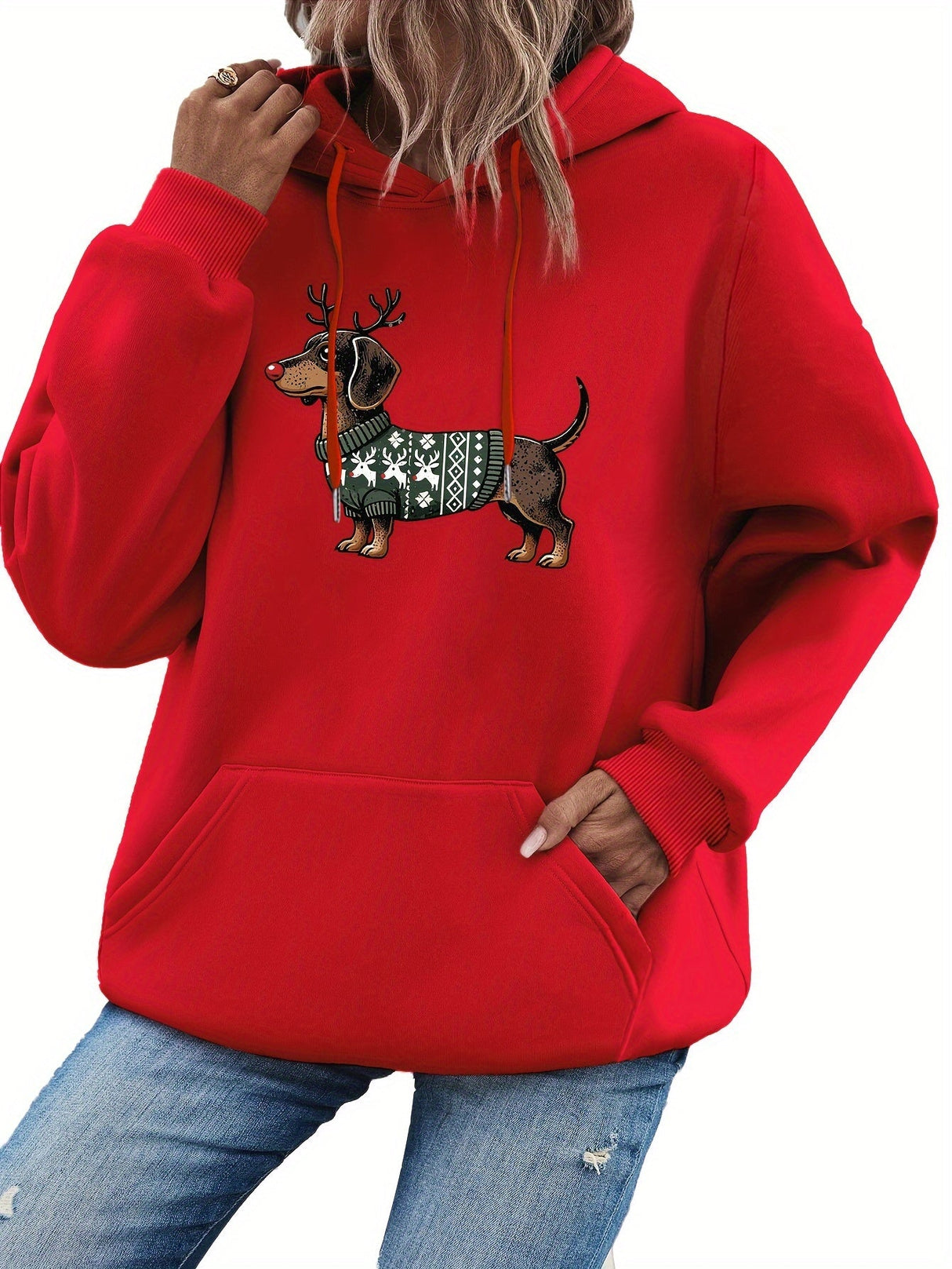 Dame Jule Hoodie med Gravhund Print – Varm Vinter Hoodie