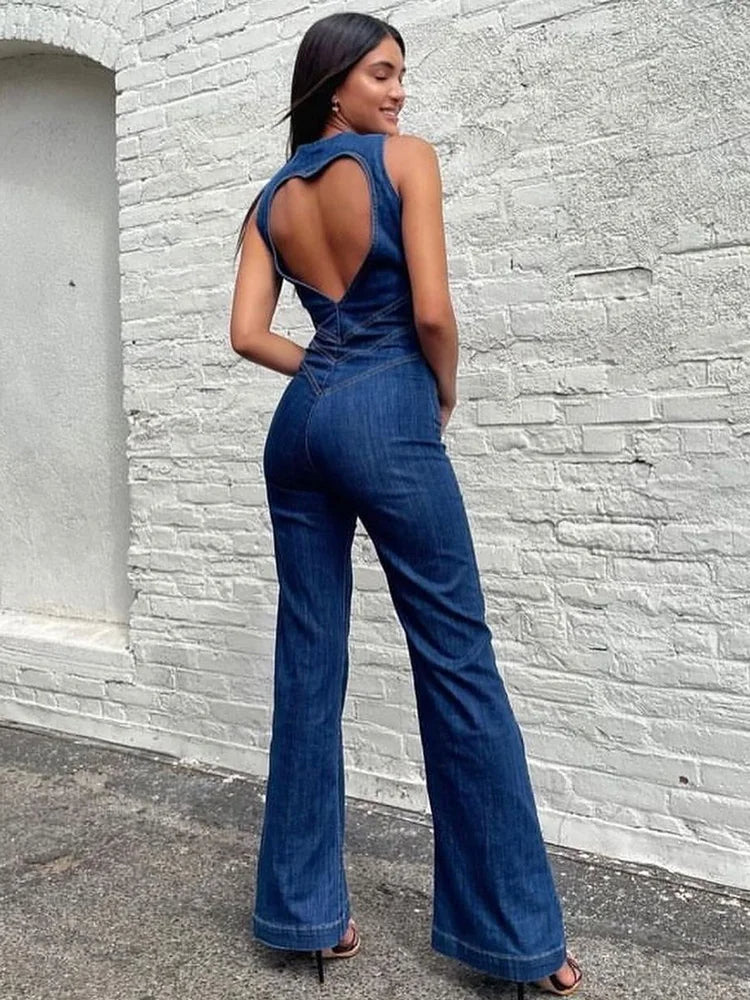Rygløs Hjerteformet Denim Jumpsuit til Kvinder