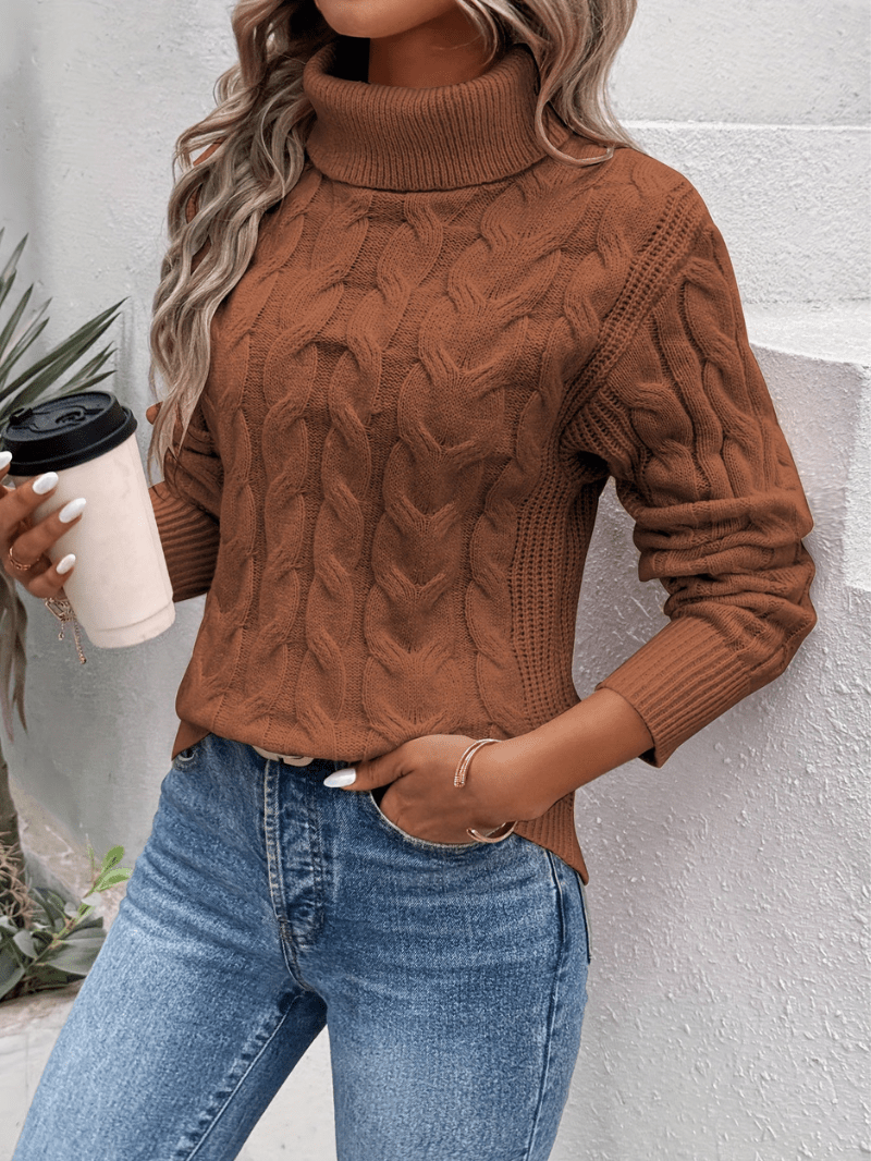Cable knit turtleneck sweater for women - warm winter jumper