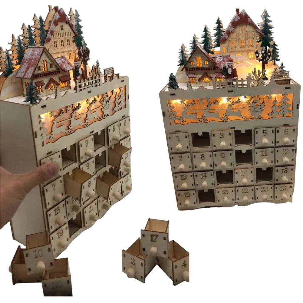 Holz Adventskalender mit Licht – Wiederverwendbarer Weihnachtskalender mit 24 Fächern