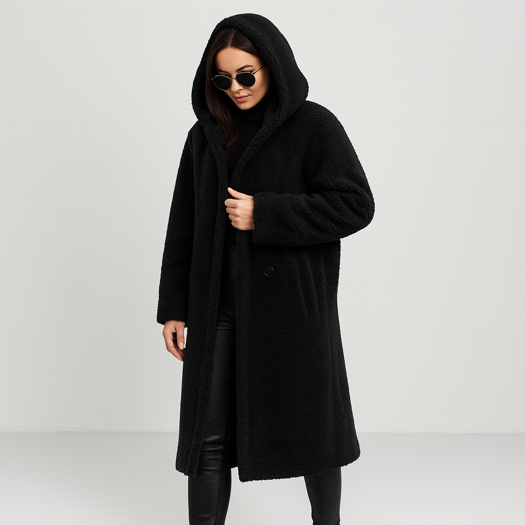 Dame Lang Vinterjakke med Hætte – Varm, Blød & Stilfuld