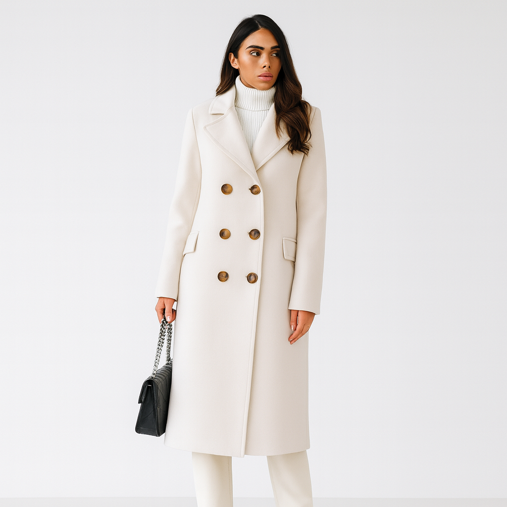 Dame Lang Frakke med Dobbelt Knaplukning – Elegant & Tidløs