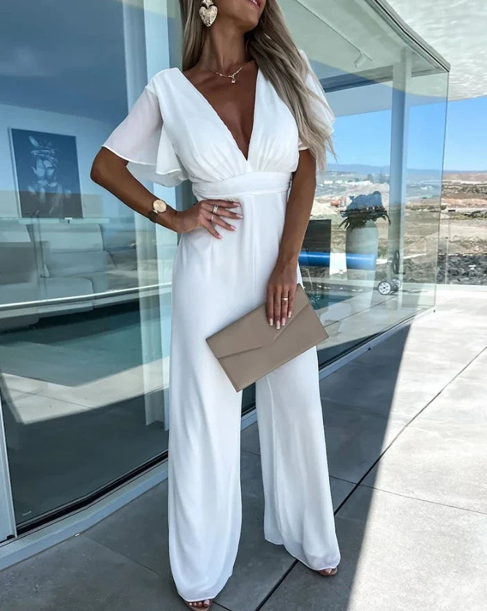 Kvinders Jumpsuit med Flæseærmer og Brede Ben