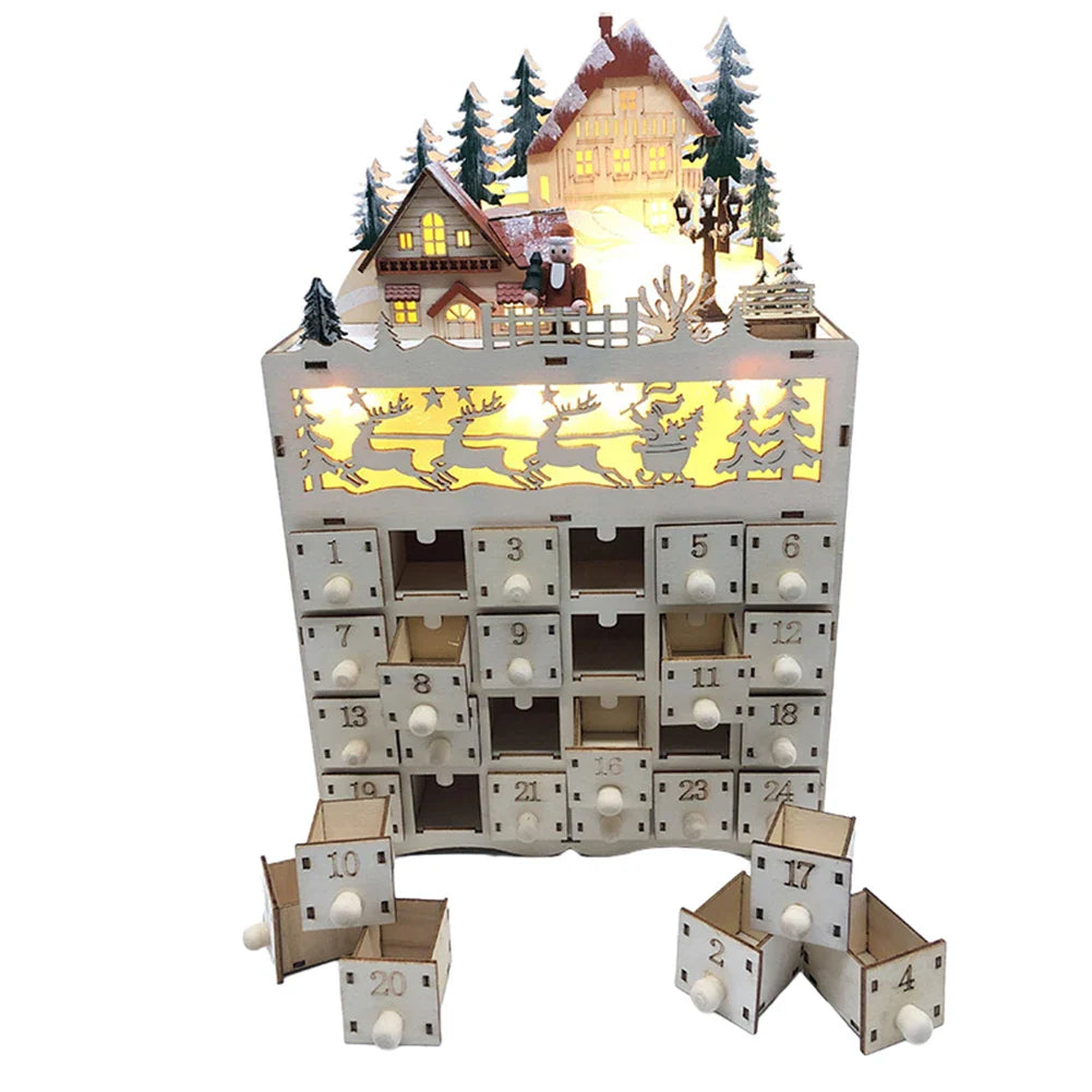 Holz Adventskalender mit Licht – Wiederverwendbarer Weihnachtskalender mit 24 Fächern