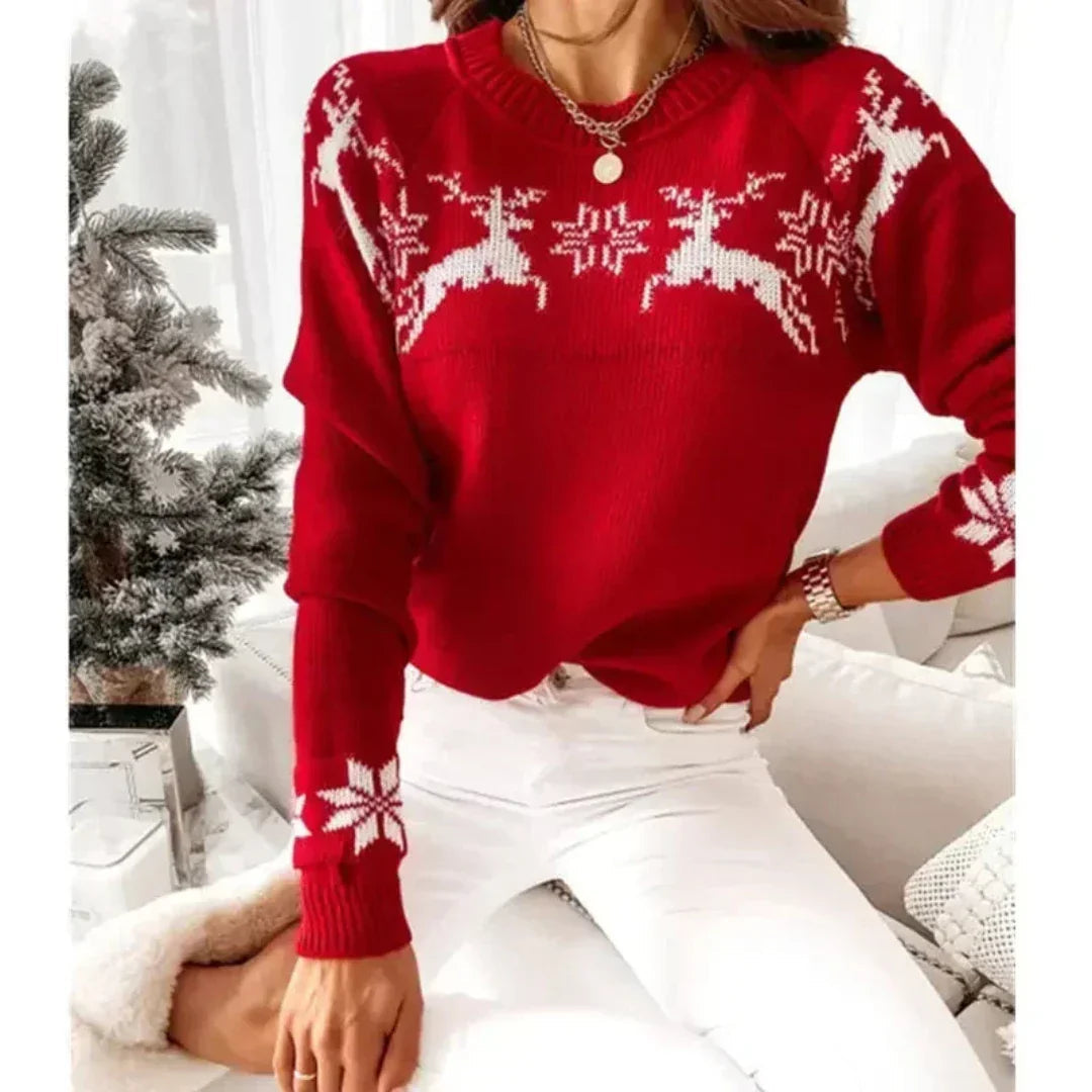Women's Christmas Sweater – Elegant Winter Sweater with Reindeer & Snowflakes