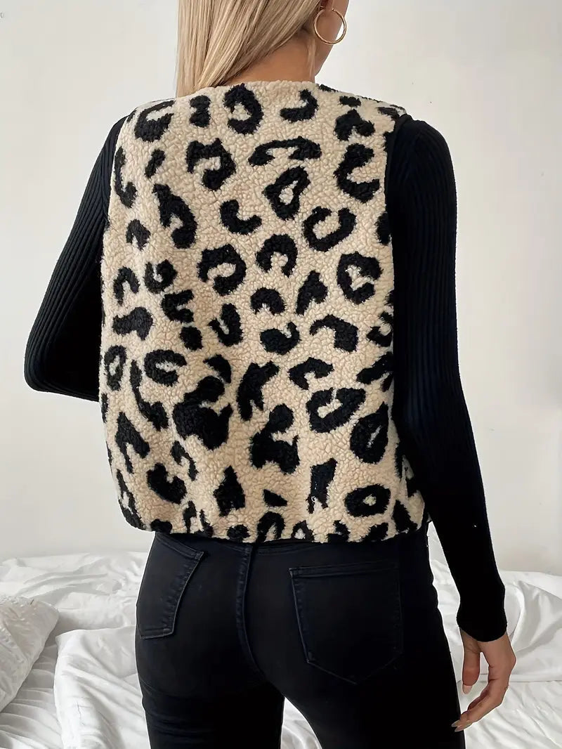 Elegant Damevest med Leopardprint og V-Hals