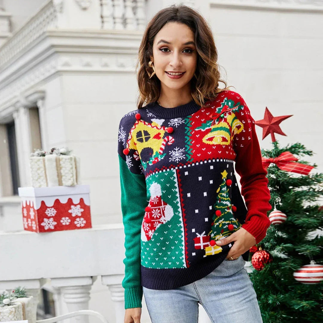 Women's Christmas Sweater – Patchwork Winter Sweater with Festive Print