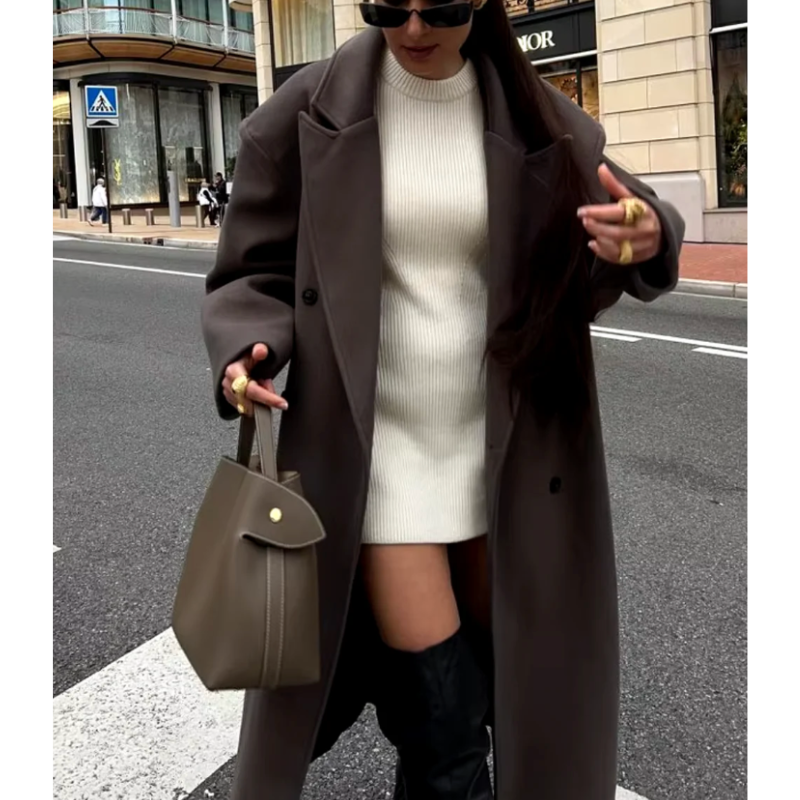 Dame Lang Elegant Frakke – Stilfuld Overfrakke med Klassisk Snit