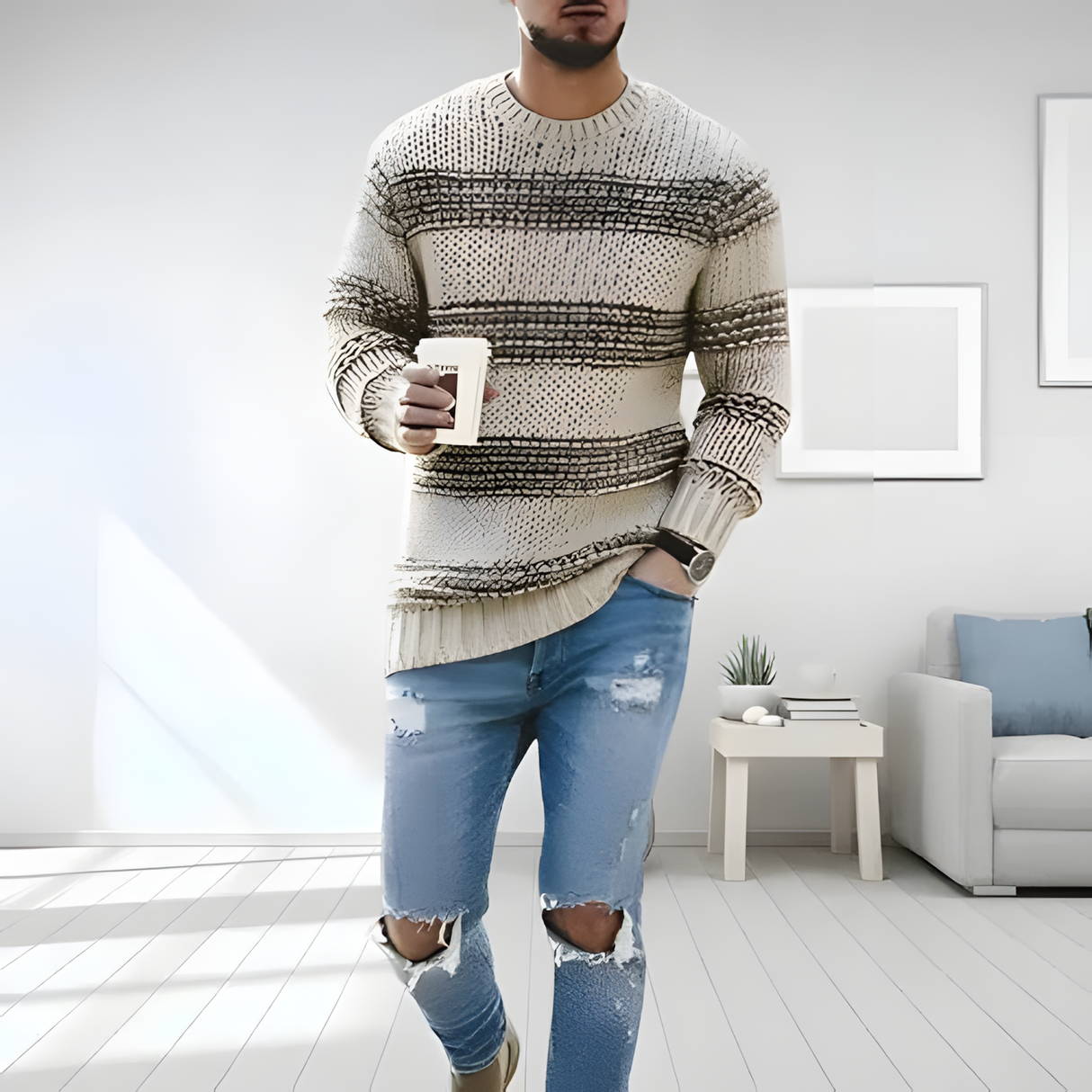 Herre Strikket Trøje med Striber – Komfortabel Casual Sweater