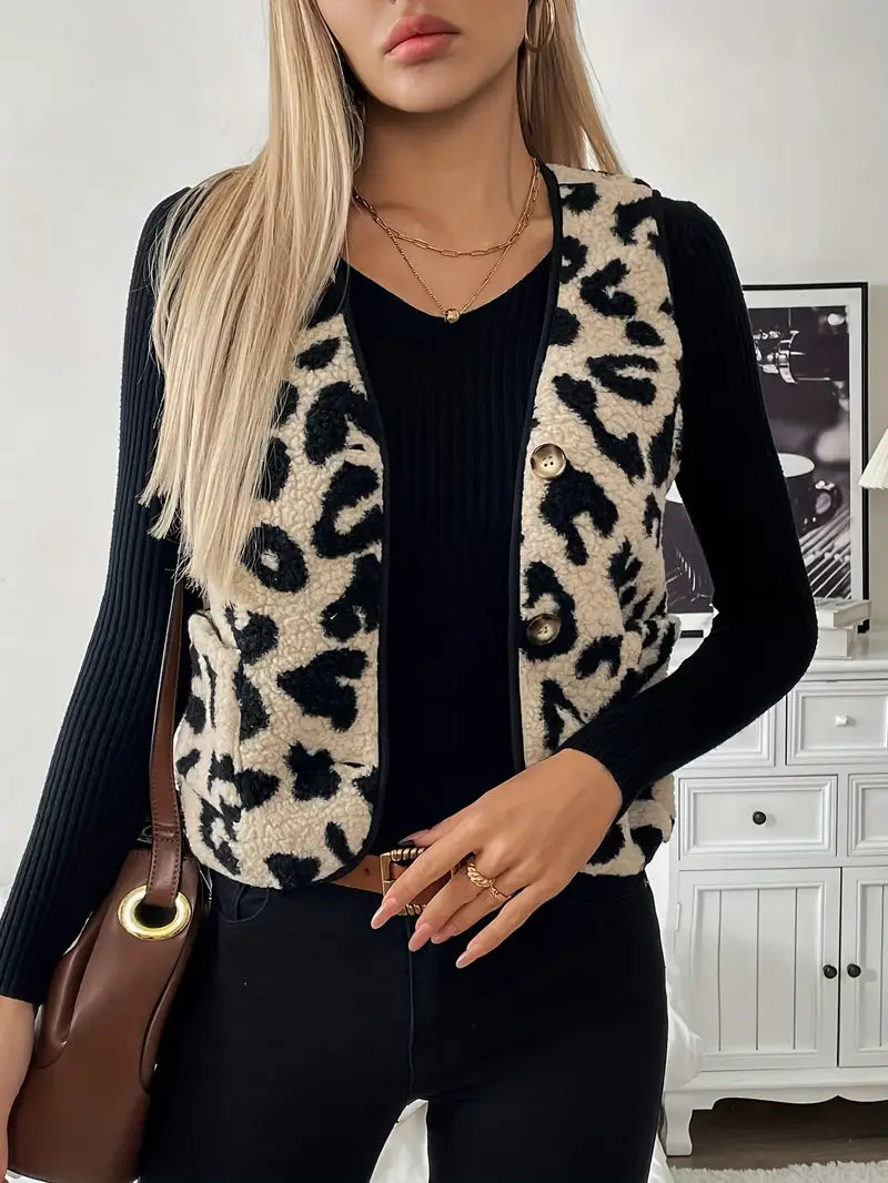 Elegant Damevest med Leopardprint og V-Hals