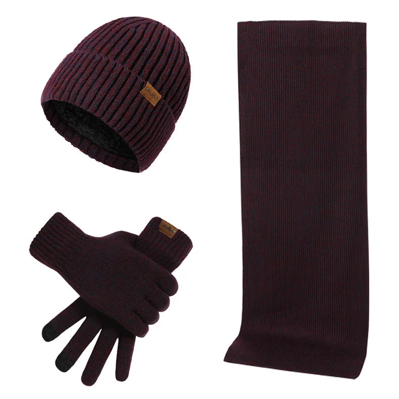 Knitted winter set with hat, scarf, and gloves