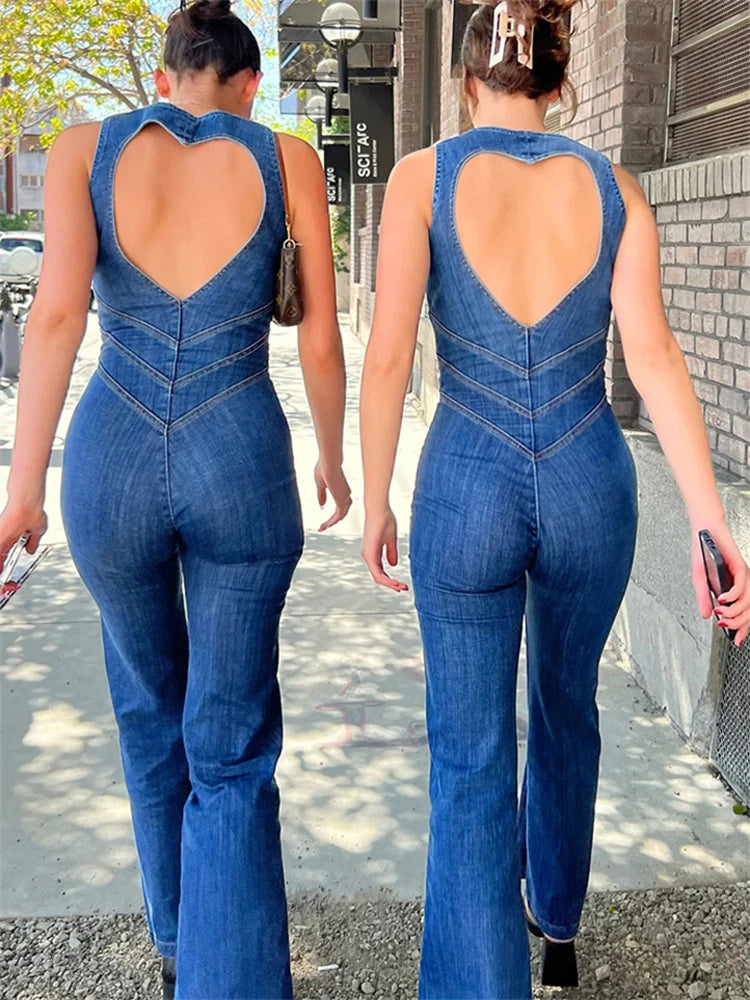 Rygløs Hjerteformet Denim Jumpsuit til Kvinder