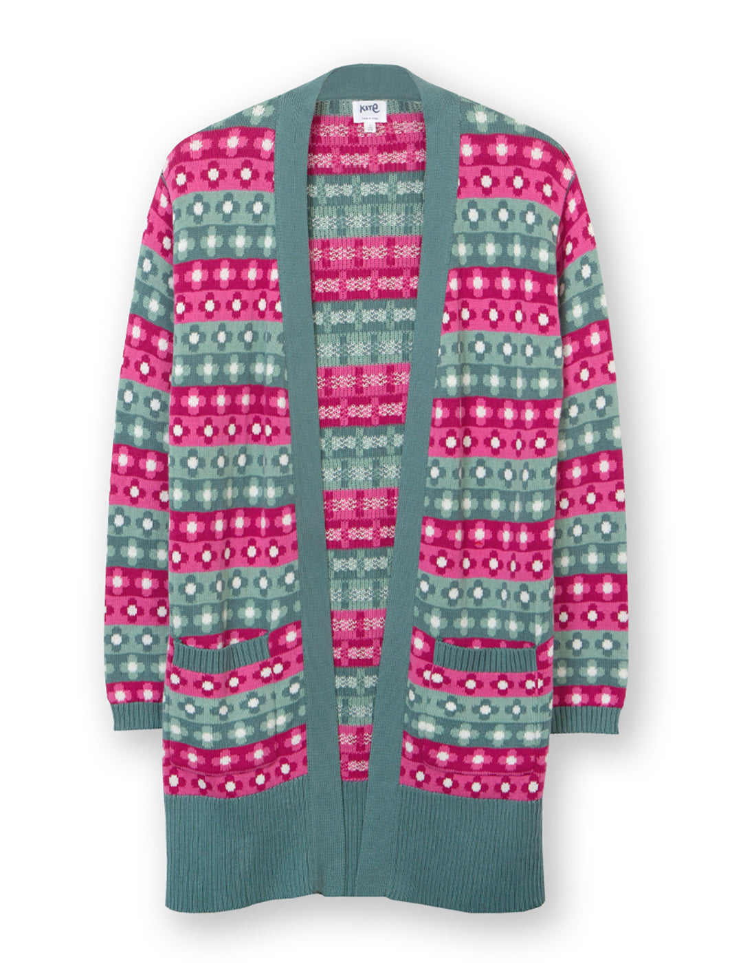 Lang Strikjakke med Blomsterjacquard og Praktiske Lommer