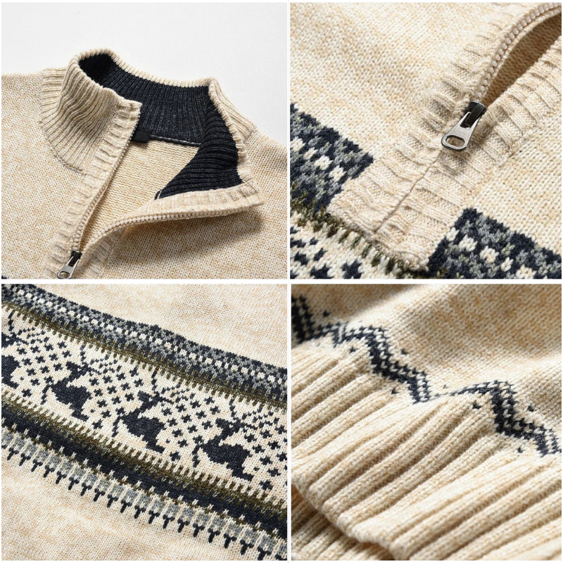 Herre Strikket Trøje med Halv Lynlås – Klassisk Vintermønster