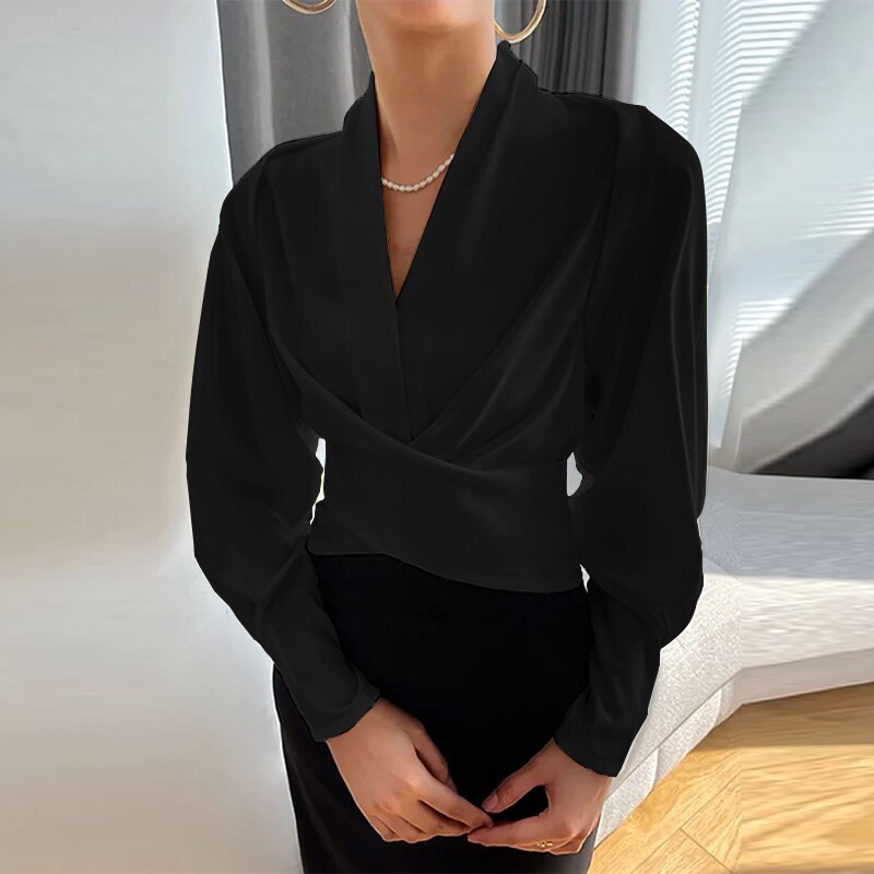 Elegant Omslagsbluse med Lange Ballonærmer og V-hals