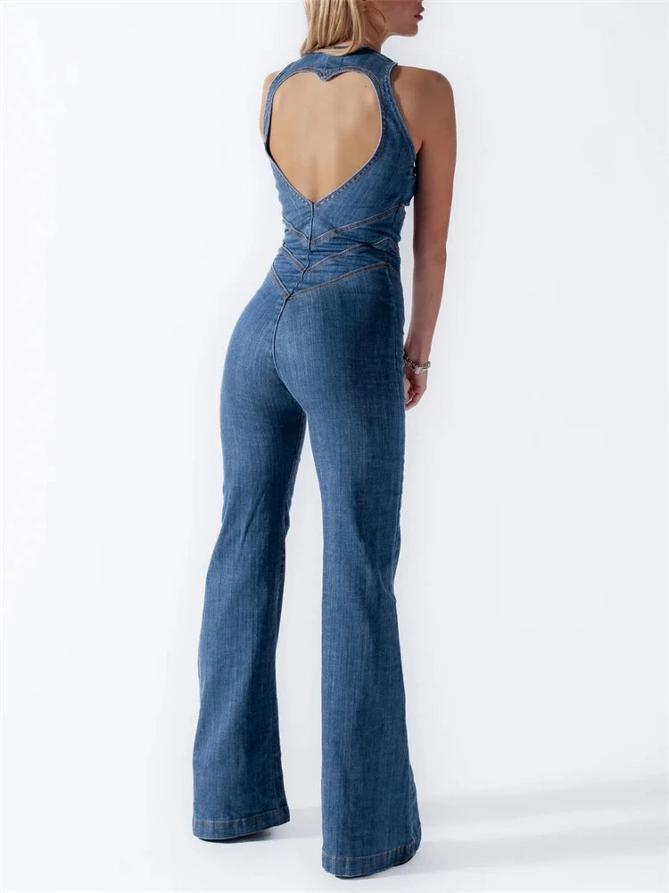 Rygløs Hjerteformet Denim Jumpsuit til Kvinder
