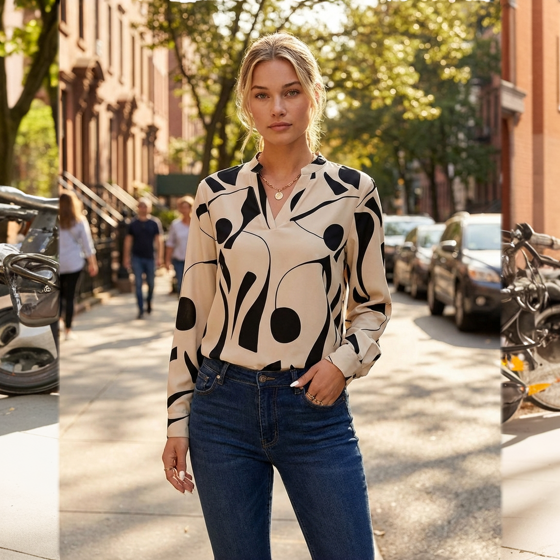 Elegant Bluse med Stående Krave og Print