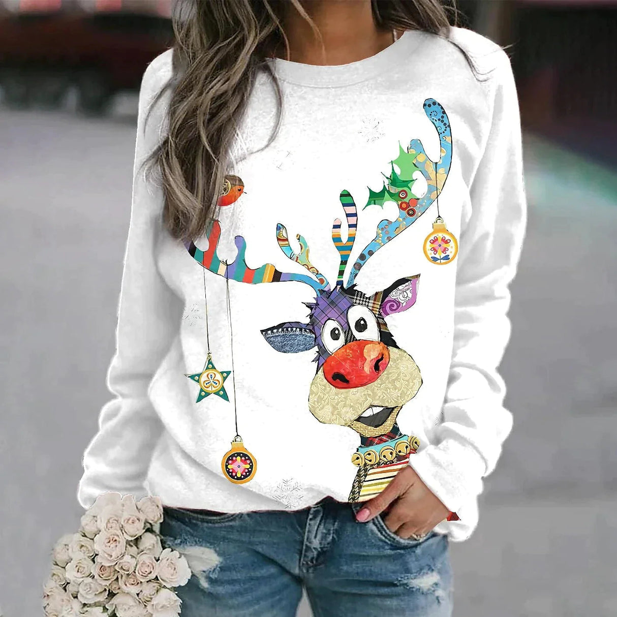 Women's Christmas Sweater – Winter Sweater with Reindeer Print