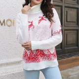 Damski sweter świąteczny – zimowy sweter z czerwonym reniferem i nadrukiem śniegu