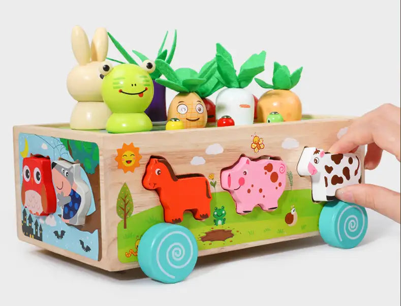 Trævogn til høst og sortering – Pædagogisk legetøj med dyr og grøntsager