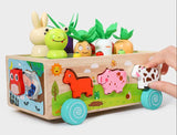 Trævogn til høst og sortering – Pædagogisk legetøj med dyr og grøntsager
