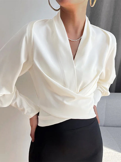 Elegant Omslagsbluse med Lange Ballonærmer og V-hals