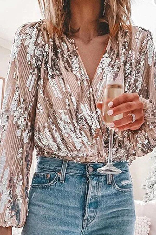 Glitter Glamour Top med V-Hals og Lange Ærmer