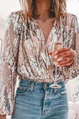 Glitter Glamour Top med V-Hals og Lange Ærmer