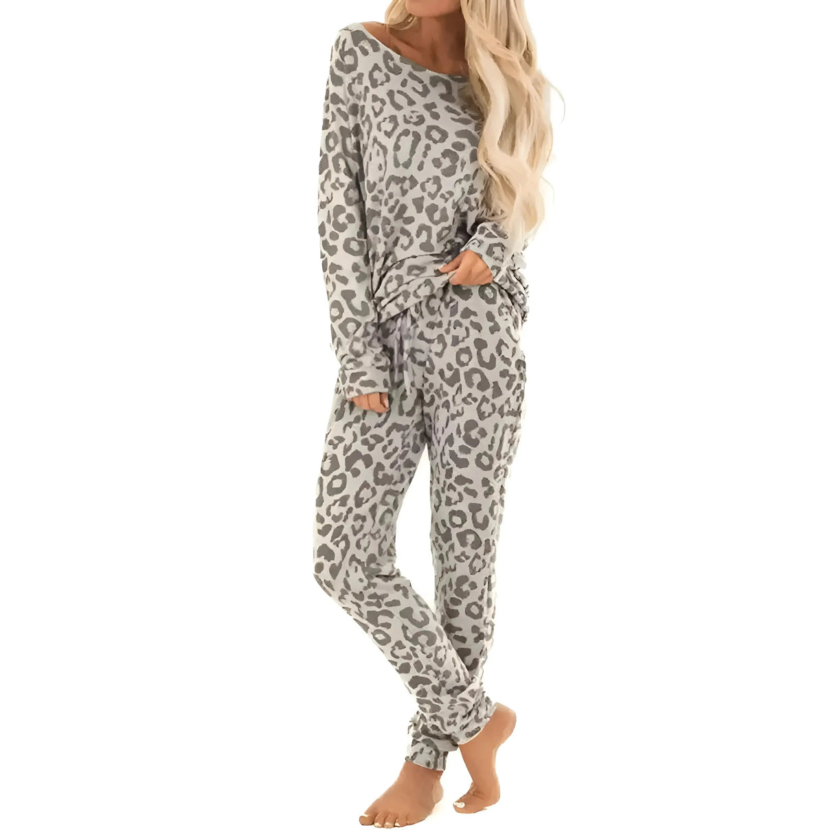 Dame Leopard Pyjamasæt med Lange Ærmer og Bukser