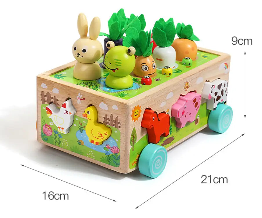 Trævogn til høst og sortering – Pædagogisk legetøj med dyr og grøntsager