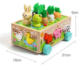 Trævogn til høst og sortering – Pædagogisk legetøj med dyr og grøntsager
